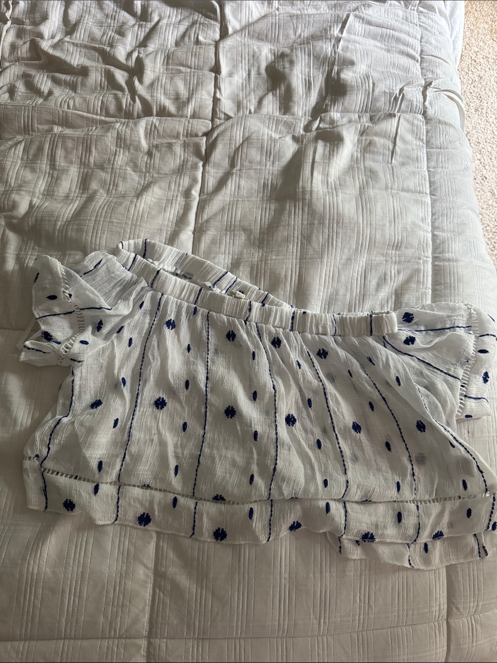 White Off-Shoulder Crop Top with Navy Dot & Stripe Embroidery